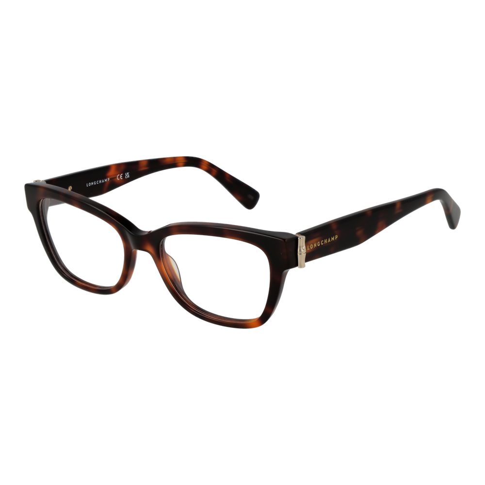 Longchamp Brown Women Glasses Frame in full-rim acetate, rectangle style with demo lenses, temples length 140mm, includes branded case.