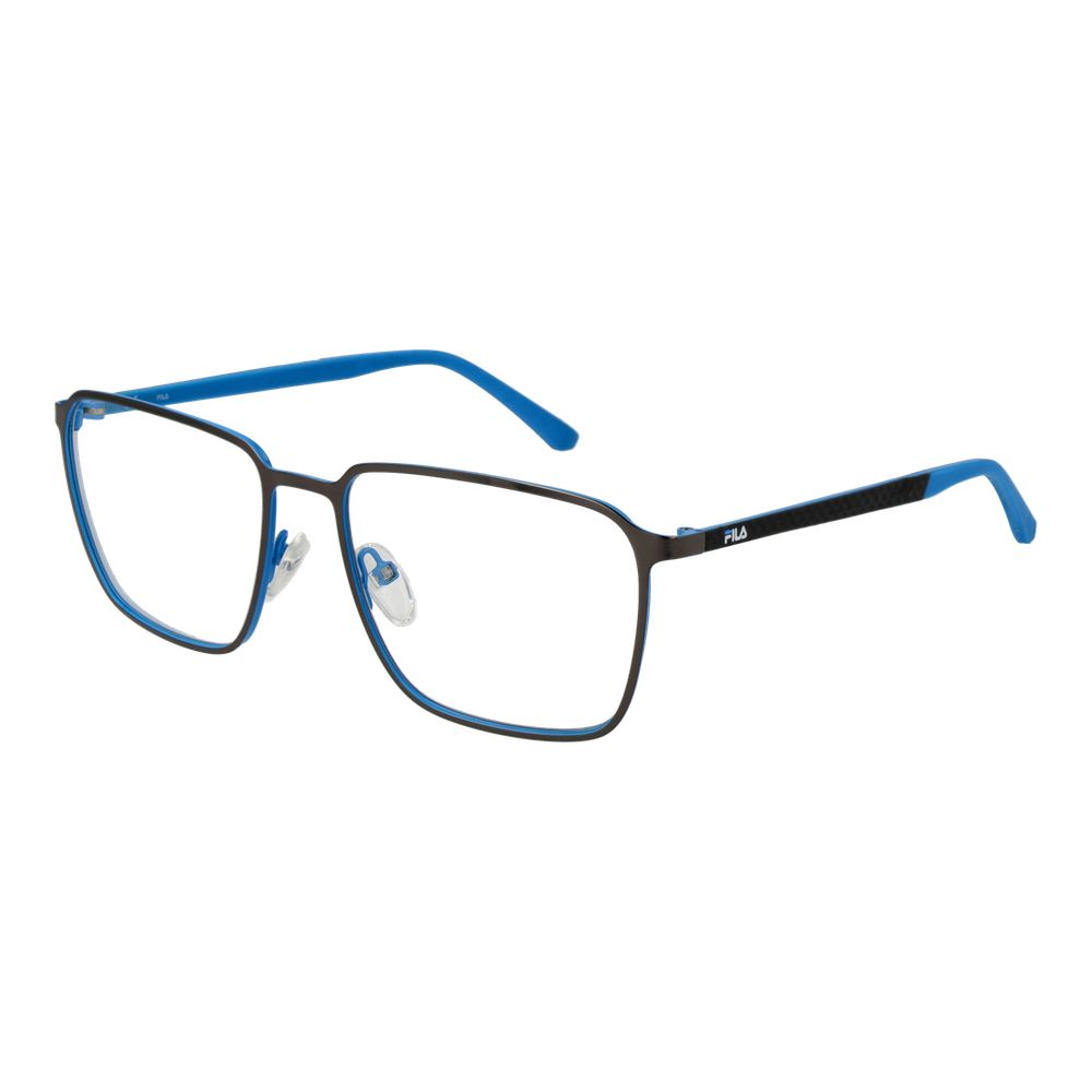 Fila Gray Men Glasses Frame in gunmetal with rubber full-rim square design, 56-17-140 size, demo plastic lenses, includes branded case.