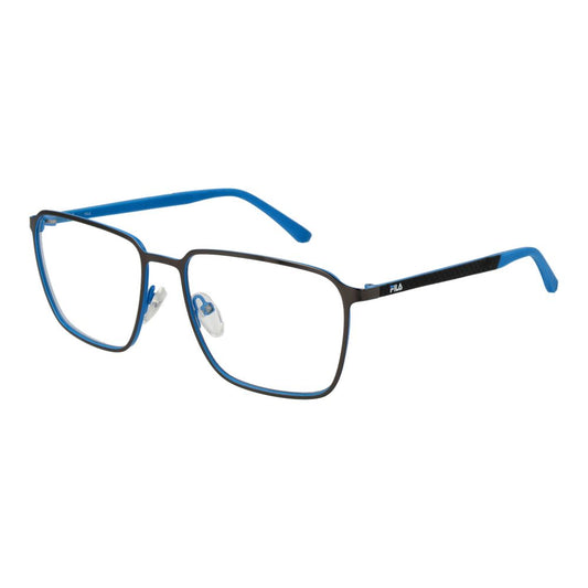 Fila Gray Men Glasses Frame in gunmetal with rubber full-rim square design, 56-17-140 size, demo plastic lenses, includes branded case.