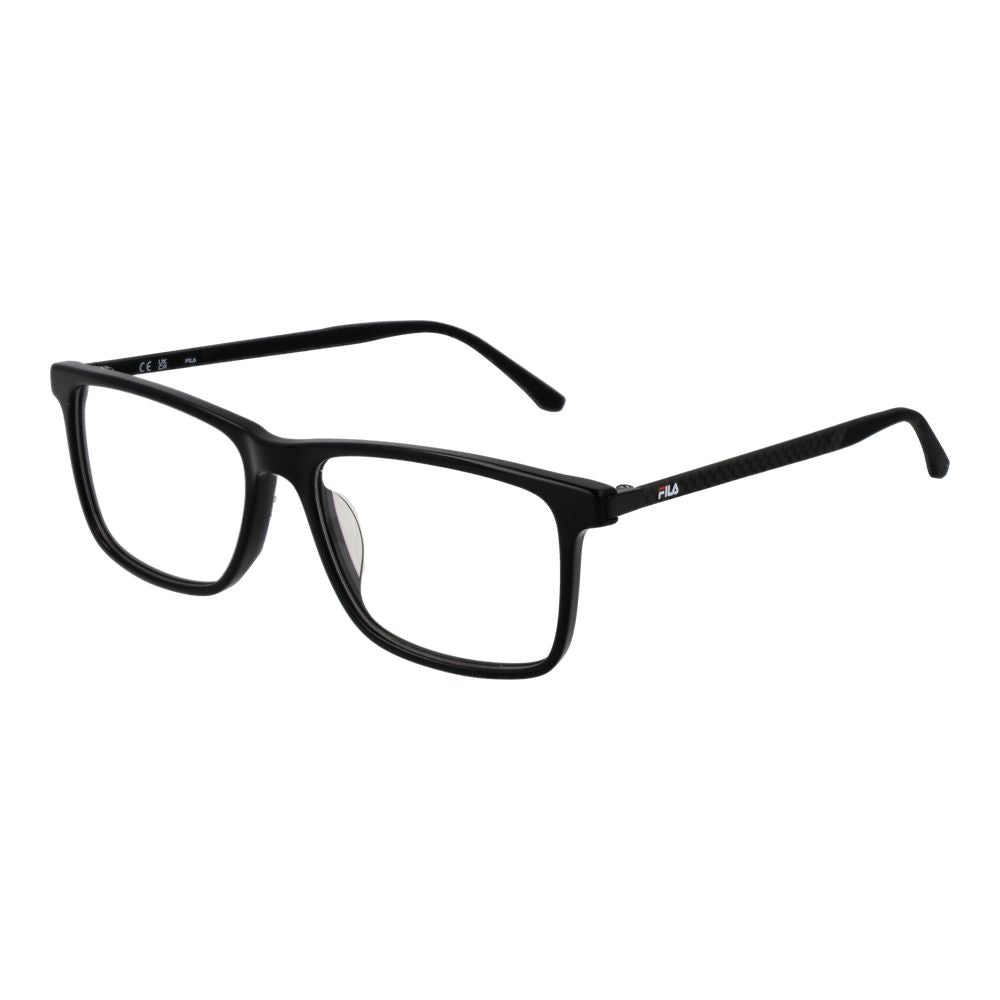 Fila Black Men Glasses Frame, full-rim black plastic rectangular eyewear for men, demo lenses, size 55-16-140 with branded case.