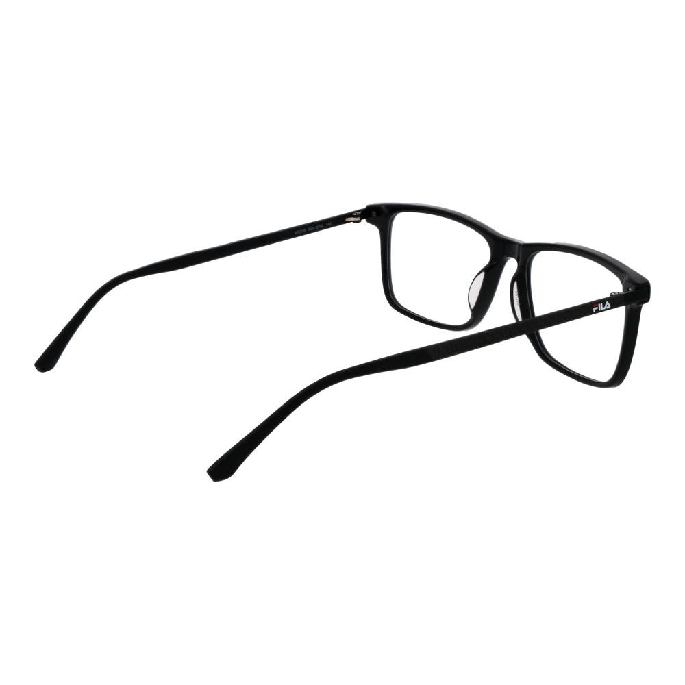 Fila Black Men Glasses Frame with full-rim and plastic material, size 55-16-140, rectangle style with demo lenses.