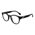 Fila Black Unisex Glasses Frame with full-rim design, cellulose acetate material, and branded case. Stylish panto shape for versatile fashion.