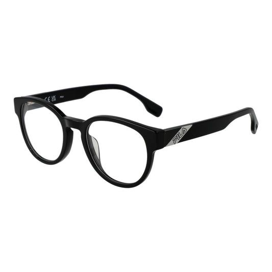 Fila Black Unisex Glasses Frame with full-rim design, cellulose acetate material, and branded case. Stylish panto shape for versatile fashion.