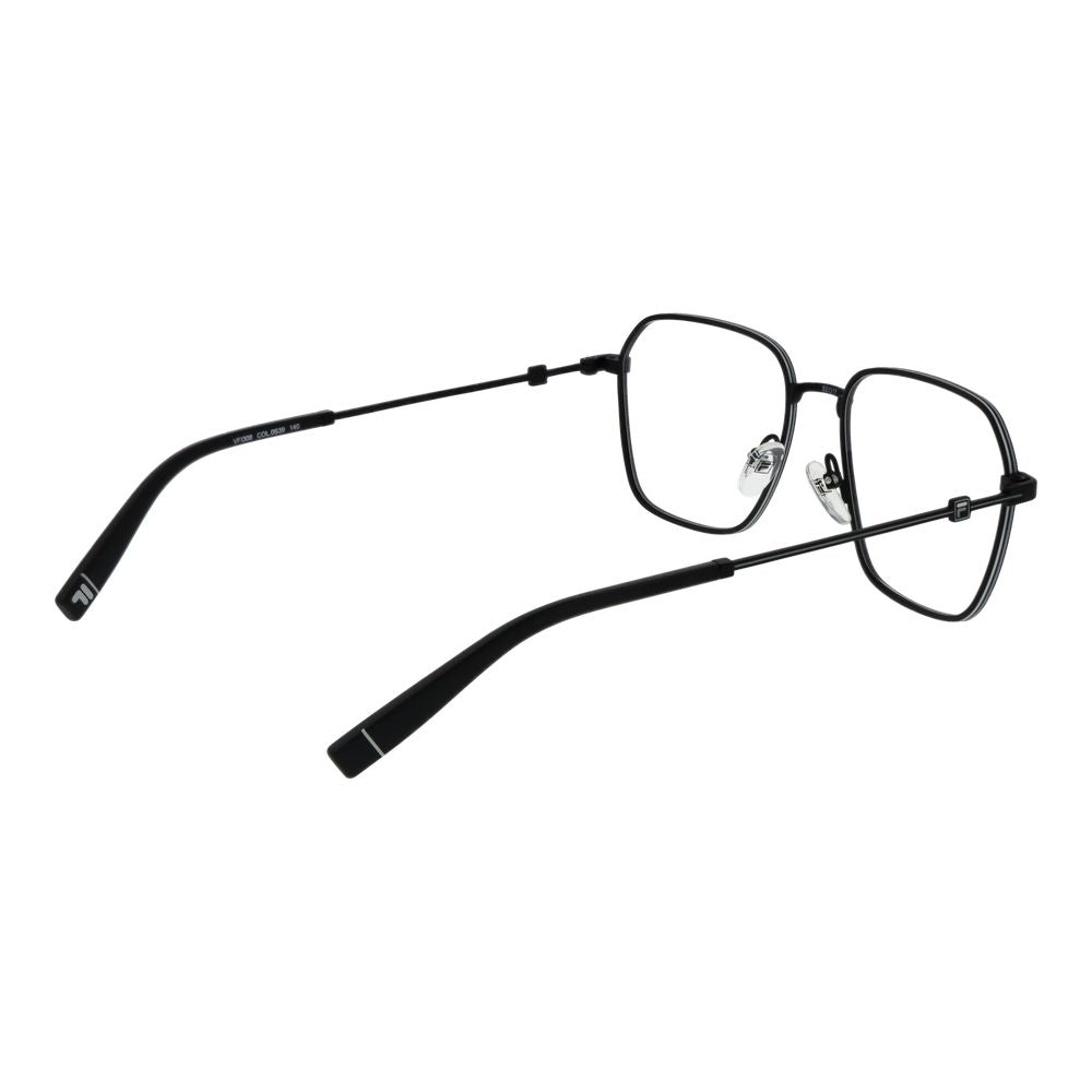 Fila Black Unisex Glasses Frame in stainless steel, full-rim square design with a branded case, size 52-17-140.