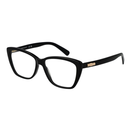 Longchamp Black Women Glasses Frame in cat eye style, full-rim acetate, demo plastic lenses; size 53-14-140 with spring hinge.