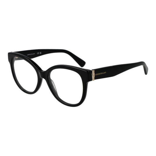 Longchamp Black Women Glasses Frame, full-rim acetate butterfly style, demo lenses, size 52-17-140, includes branded case, no extra features.