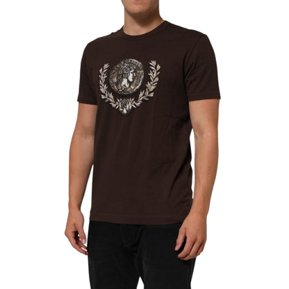 Dolce & Gabbana Brown Coin Laurel Print Men Crew Neck T-shirt
