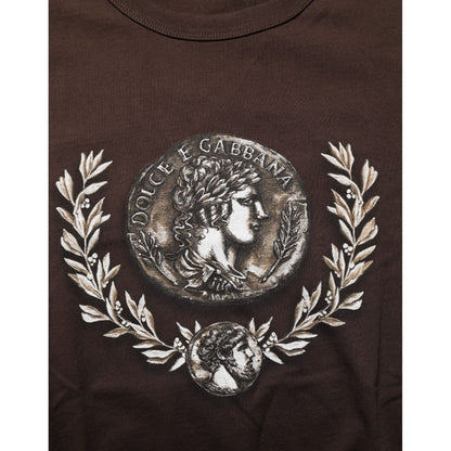 Dolce & Gabbana Brown Coin Laurel Print Men Crew Neck T-shirt