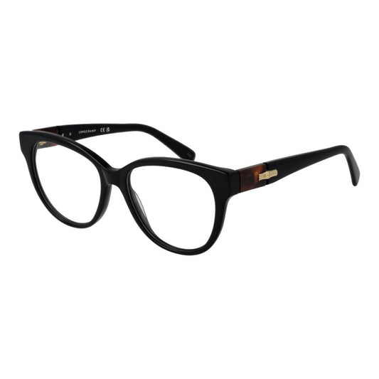 Longchamp Black Women Glasses Frame, full-rim panto style, acetate material, size 53-16-140, demo lenses, sleek design.