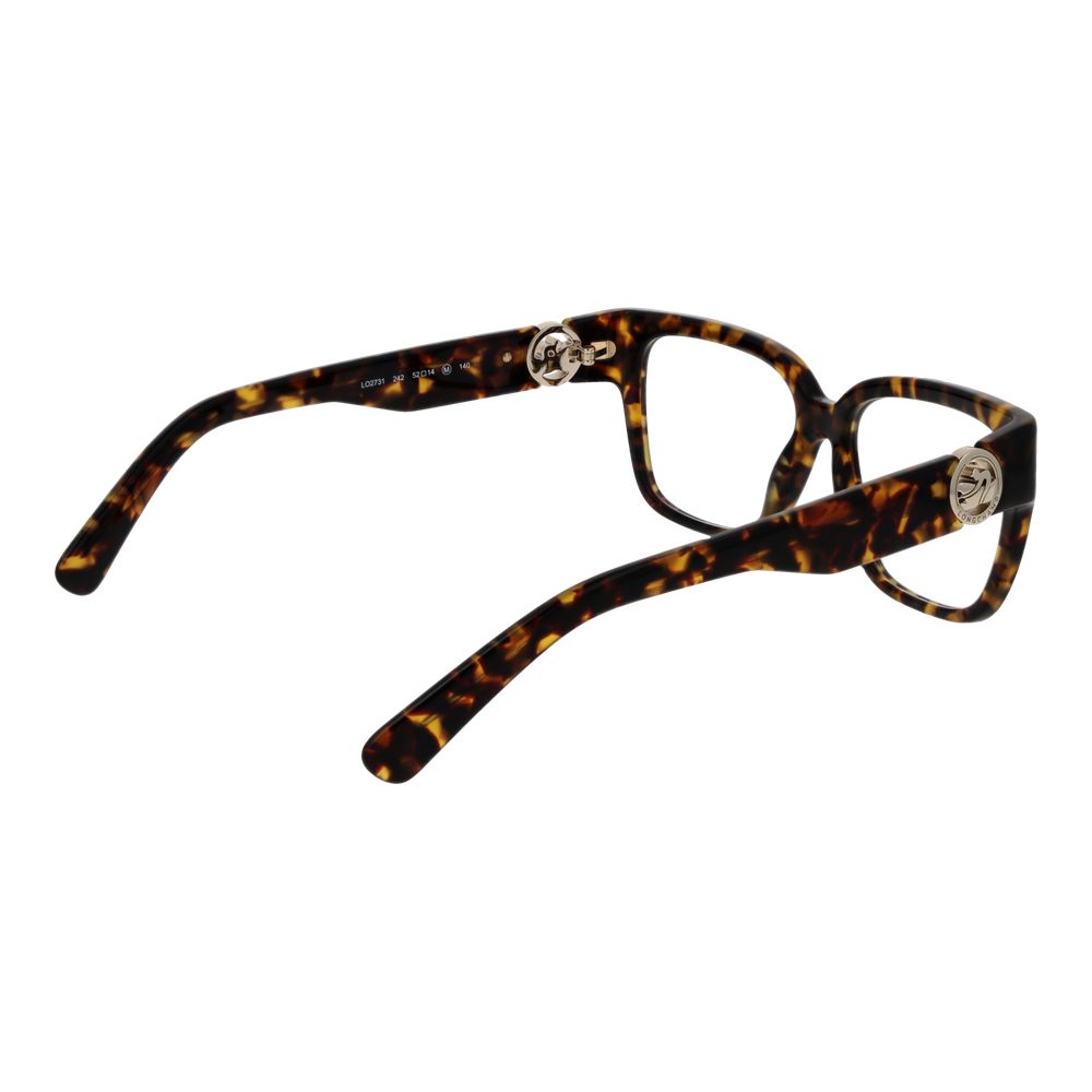 Longchamp Brown Women Glasses Frame in acetate with full-rim square design, demo plastic lenses, and 135mm frame width.