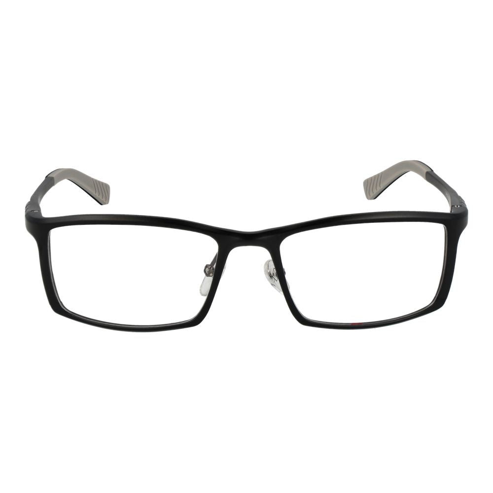 Fila Black Men Glasses Frame in full-rim rectangle style with aluminum frame and demo lenses. Frame color: black. Size: 55-18-140.
