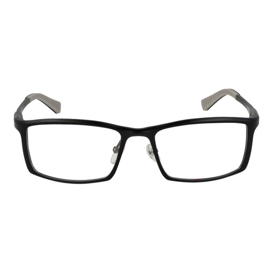 Fila Black Men Glasses Frame in full-rim rectangle style with aluminum frame and demo lenses. Frame color: black. Size: 55-18-140.