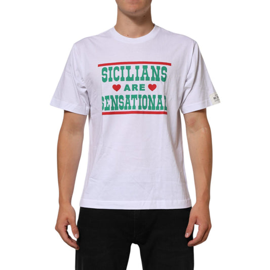 Dolce & Gabbana White Graphic Print Cotton Crew Neck T-shirt with text 'Sicilians Are Sensational' and a classic design, front view.