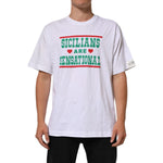 Dolce & Gabbana White Graphic Print Cotton Crew Neck T-shirt with 'Sicilians Are Sensational' text on front