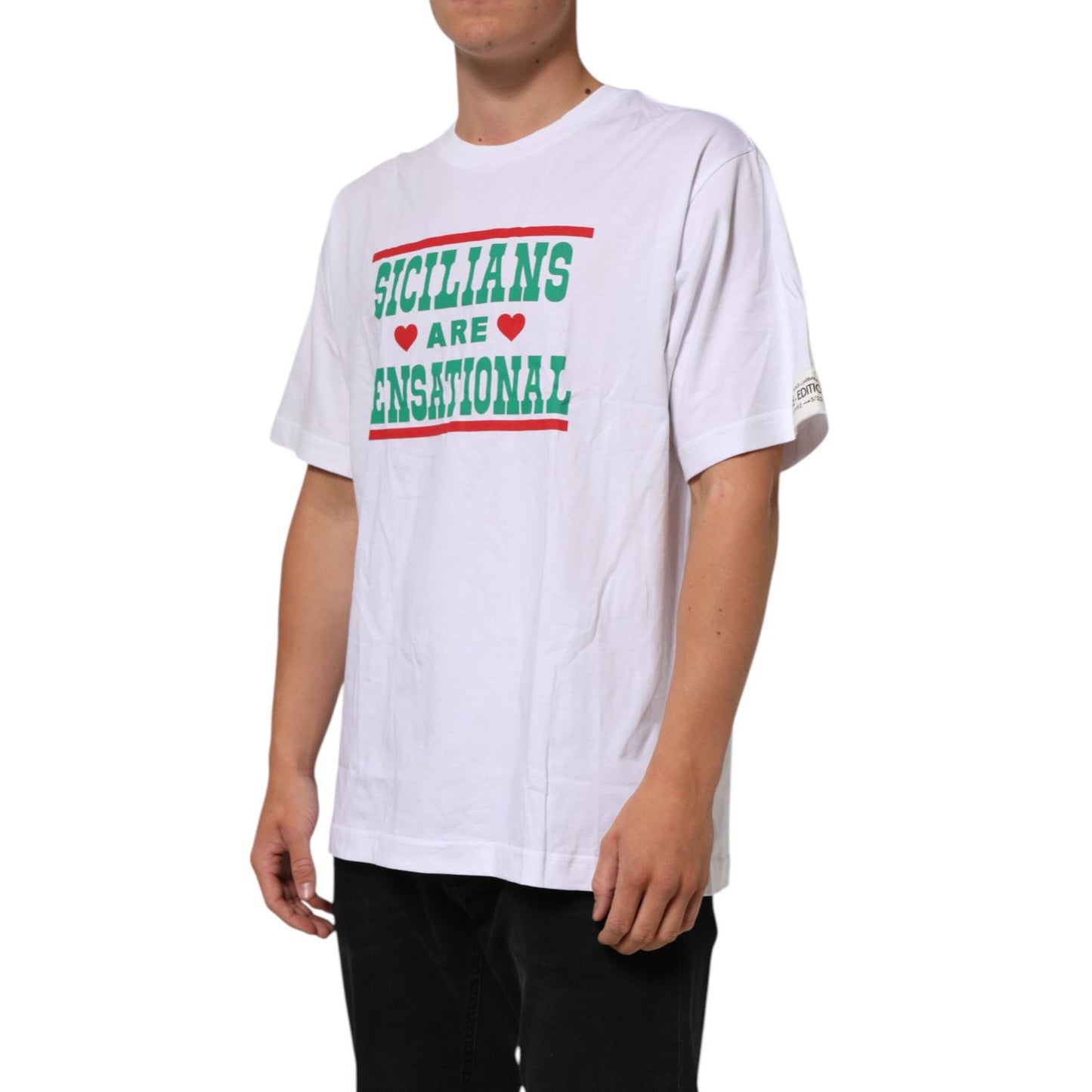 Dolce & Gabbana White Graphic Print Cotton Crew Neck T-shirt featuring 'Sicilians Are Sensational' design.