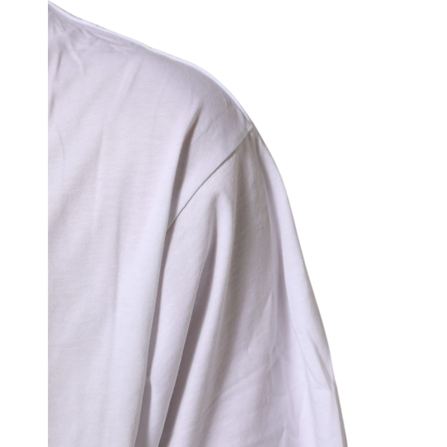 Dolce & Gabbana White Graphic Print Cotton Crew Neck T-shirt close-up with minor defect.