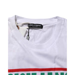 Dolce & Gabbana White Graphic Print Cotton Crew Neck T-shirt with logo tag, featuring a red and green stripe detail.