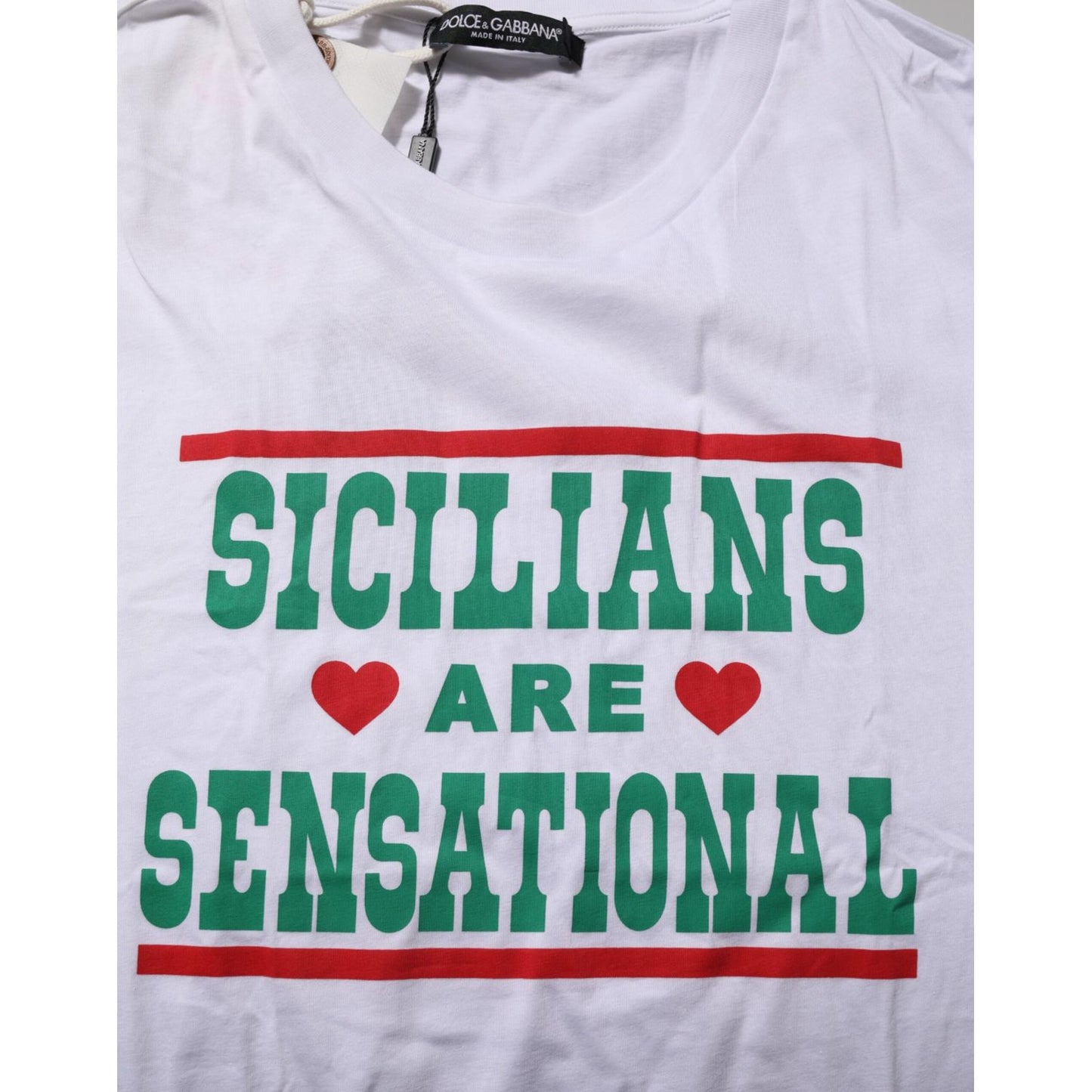Dolce & Gabbana White Graphic Print Cotton Crew Neck T-shirt featuring 'Sicilians Are Sensational' text with red and green accents