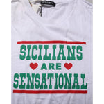 Dolce & Gabbana White Graphic Print Cotton Crew Neck T-shirt featuring 'Sicilians Are Sensational' text with red and green accents