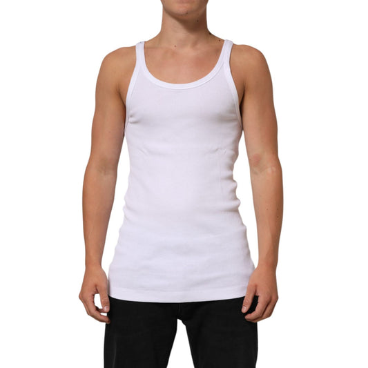 Dolce & Gabbana White Sleeveless Round Neck Tank Top T-shirt with logo detail, 100% cotton, regular fit, made in Italy.