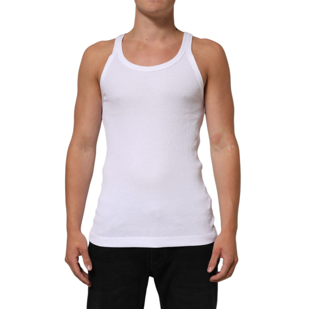 Dolce & Gabbana White Sleeveless Round Neck Tank Top T-shirt made of 100% cotton with logo details, featuring comfort and style.