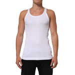 Person wearing Dolce & Gabbana White Sleeveless Round Neck Tank Top T-shirt made of 100% cotton with minor stain defect, regular fit, made in Italy.