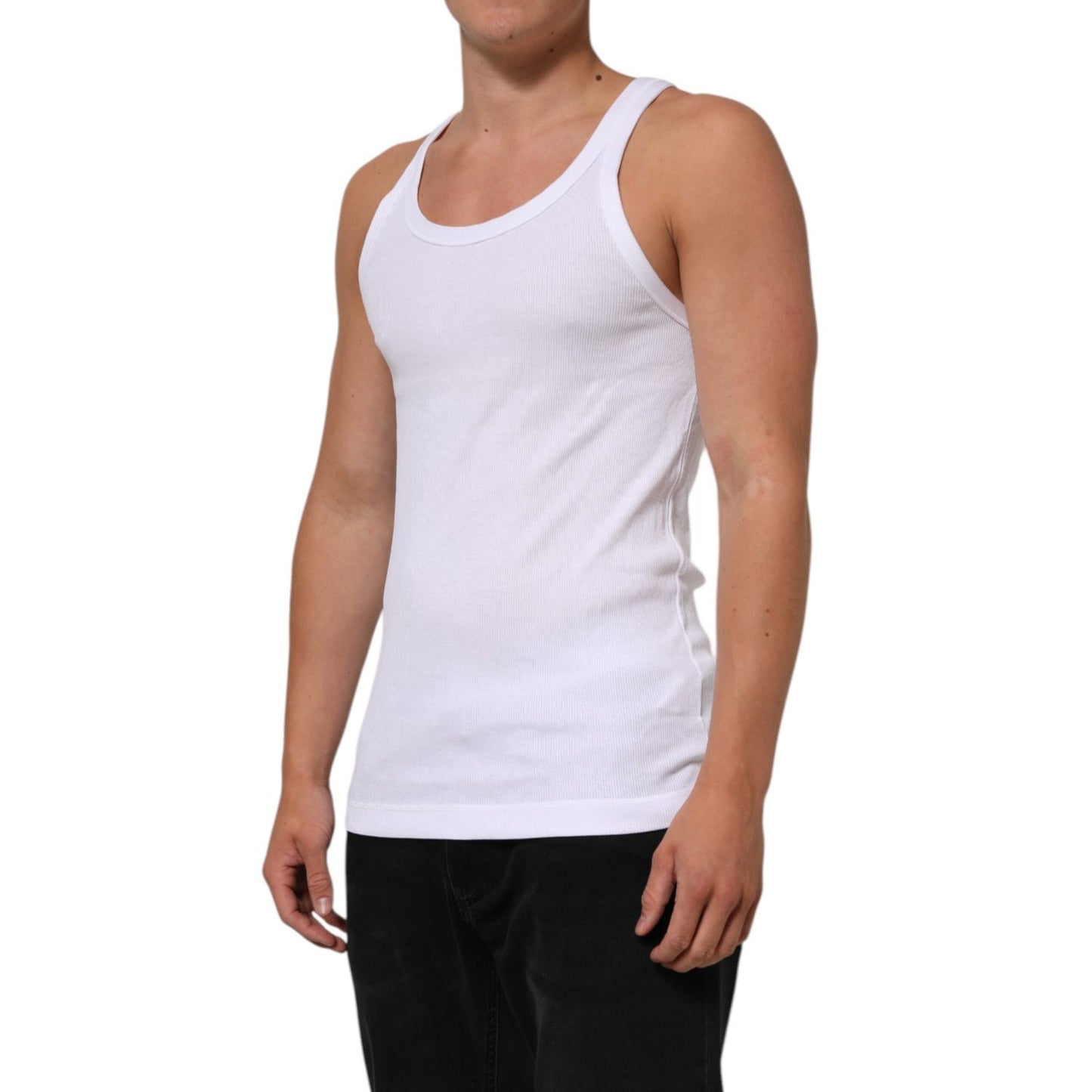Dolce & Gabbana White Sleeveless Round Neck Tank Top T-shirt, soft cotton, regular fit, minor front stains visible.