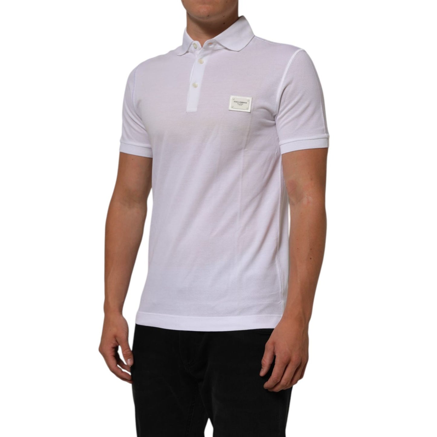 Dolce & Gabbana White Collared Short Sleeves Polo Men T-shirt in cotton with button closure and logo detail, perfect for a casual look.