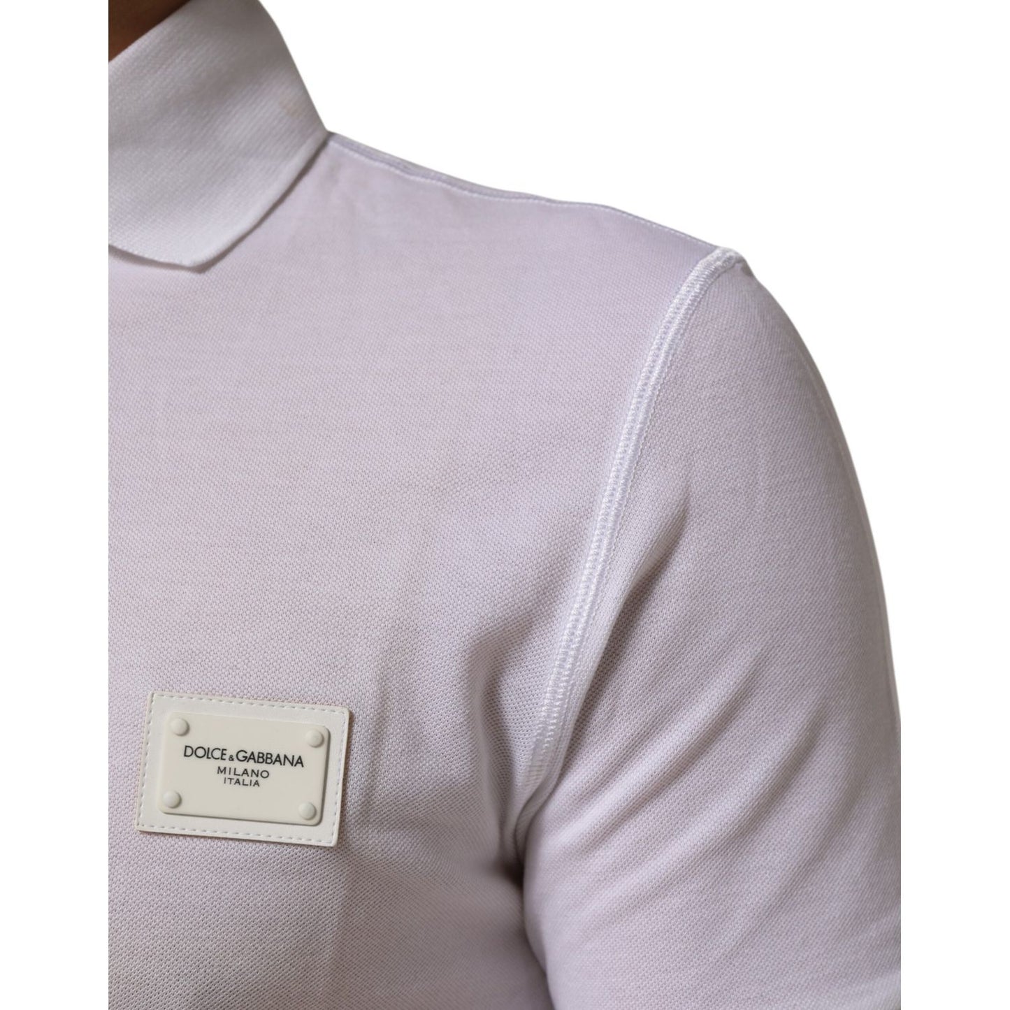 Dolce & Gabbana White Collared Short Sleeves Polo Men T-shirt featuring logo, close-up view, high-quality cotton, made in Italy