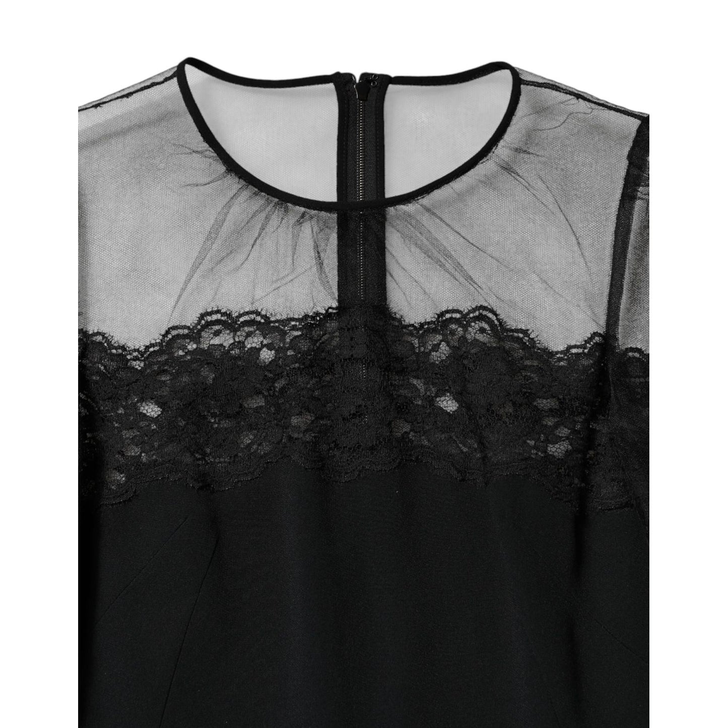 Dolce & Gabbana Black Lace Trim Nylon Tulle SheathMidi Dress