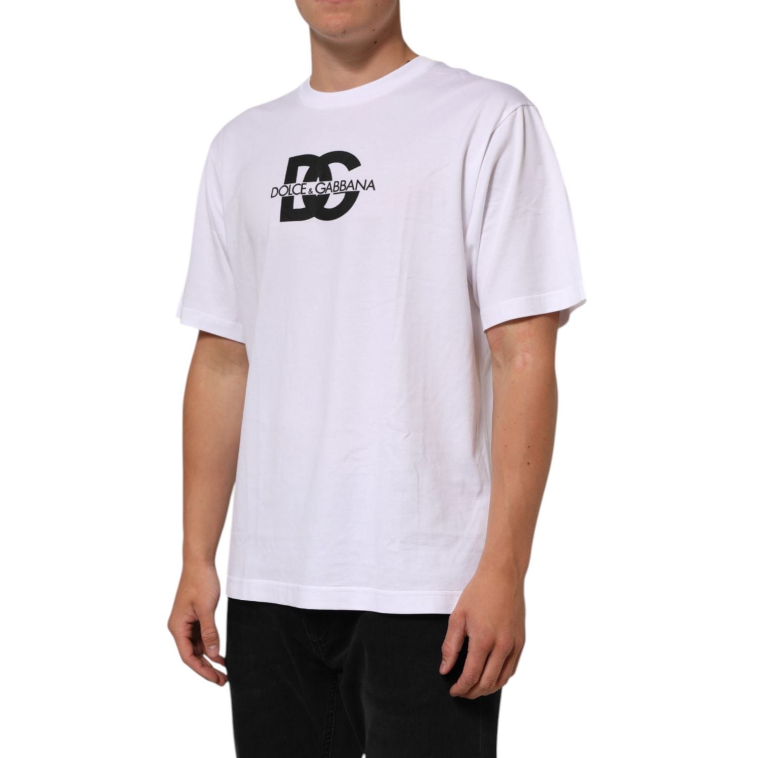 Dolce & Gabbana White Logo Print Cotton Crew Neck Men T-shirt