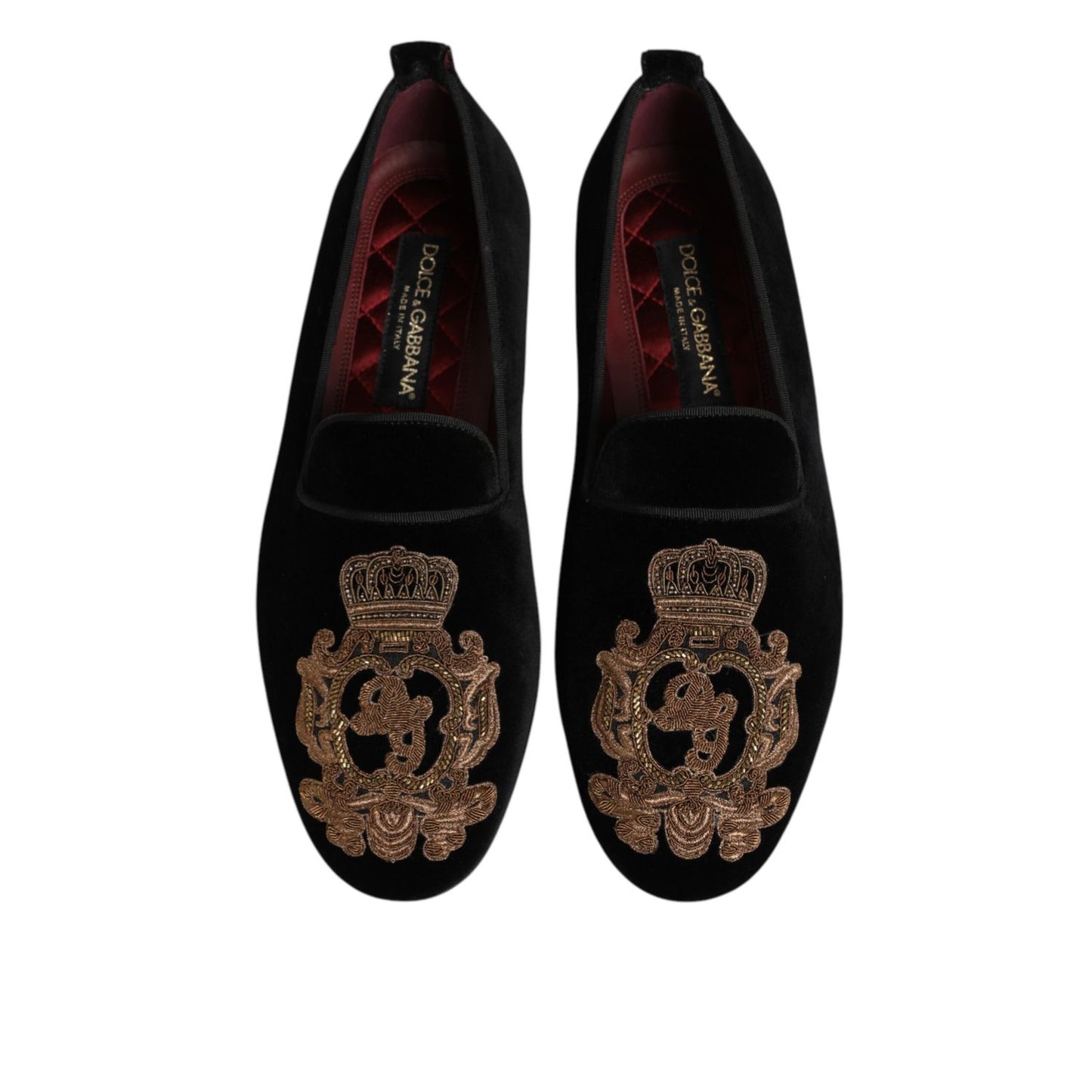 Dolce & Gabbana Black Velvet Gold Crown Mens Loafers Shoes