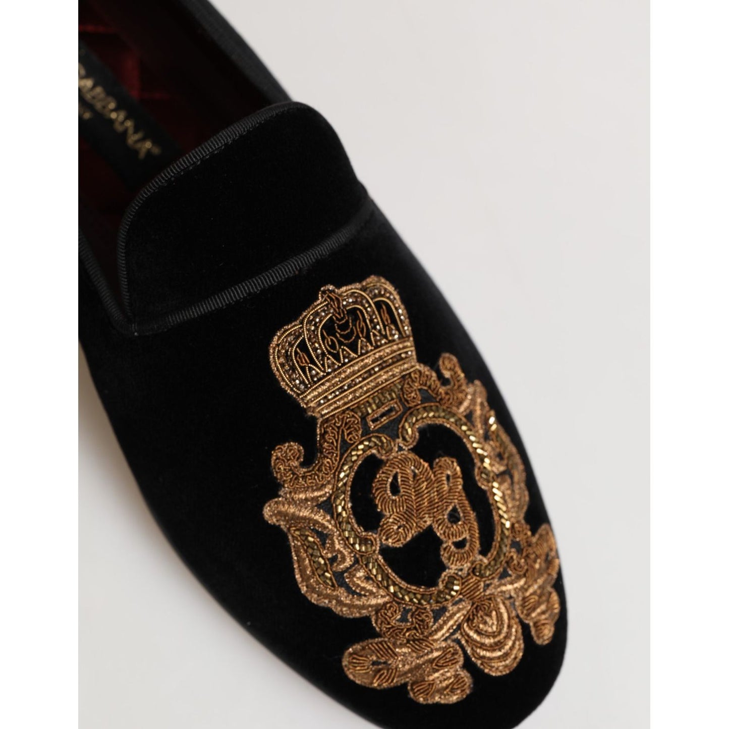 Dolce & Gabbana Black Velvet Gold Crown Mens Loafers Shoes