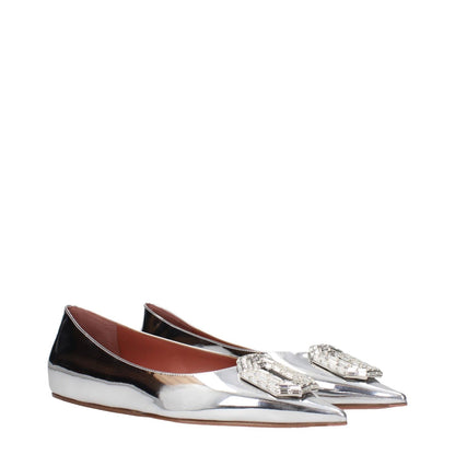Amina Muaddi Gray Leather Ballet Flats with rhinestone front detail, silver leather, pointy toe, and low flat heel.
