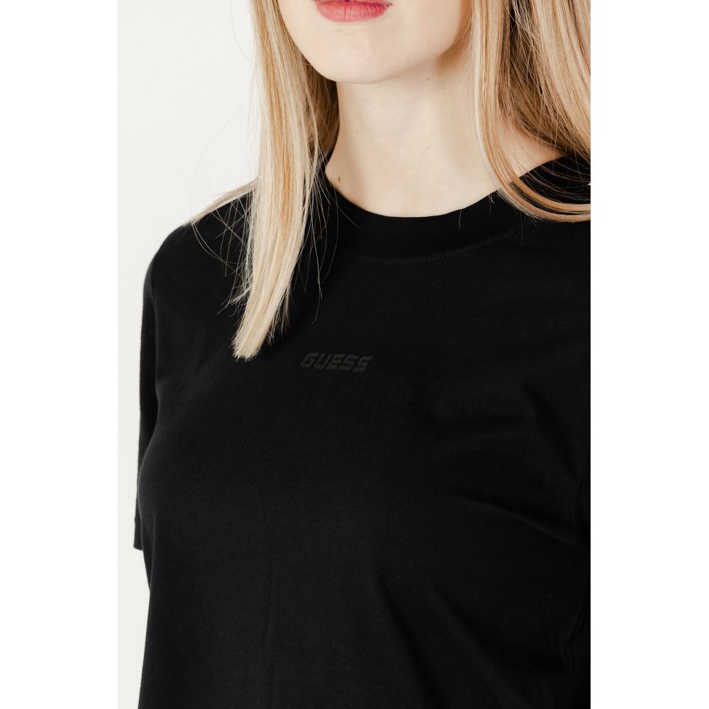 Woman wearing Guess Active Black Cotton T-Shirt with subtle logo close-up