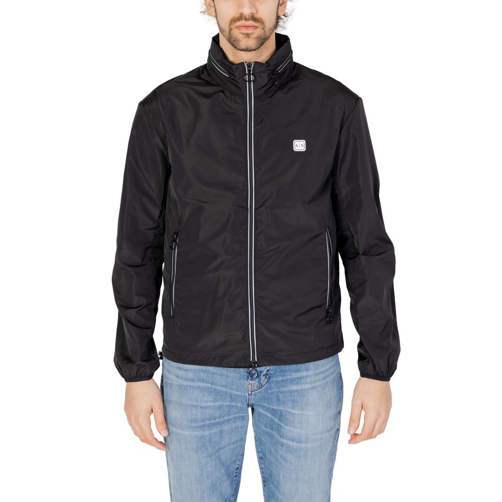 Man wearing Armani Exchange Black Polyester Jackets & Coat with reflective details and zip closure