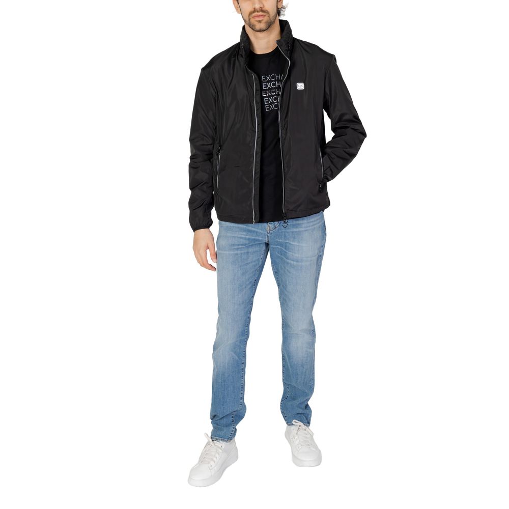 Armani Exchange Black Polyester Jackets & Coat on model, showcasing lightweight design with zip closure and reflective details.