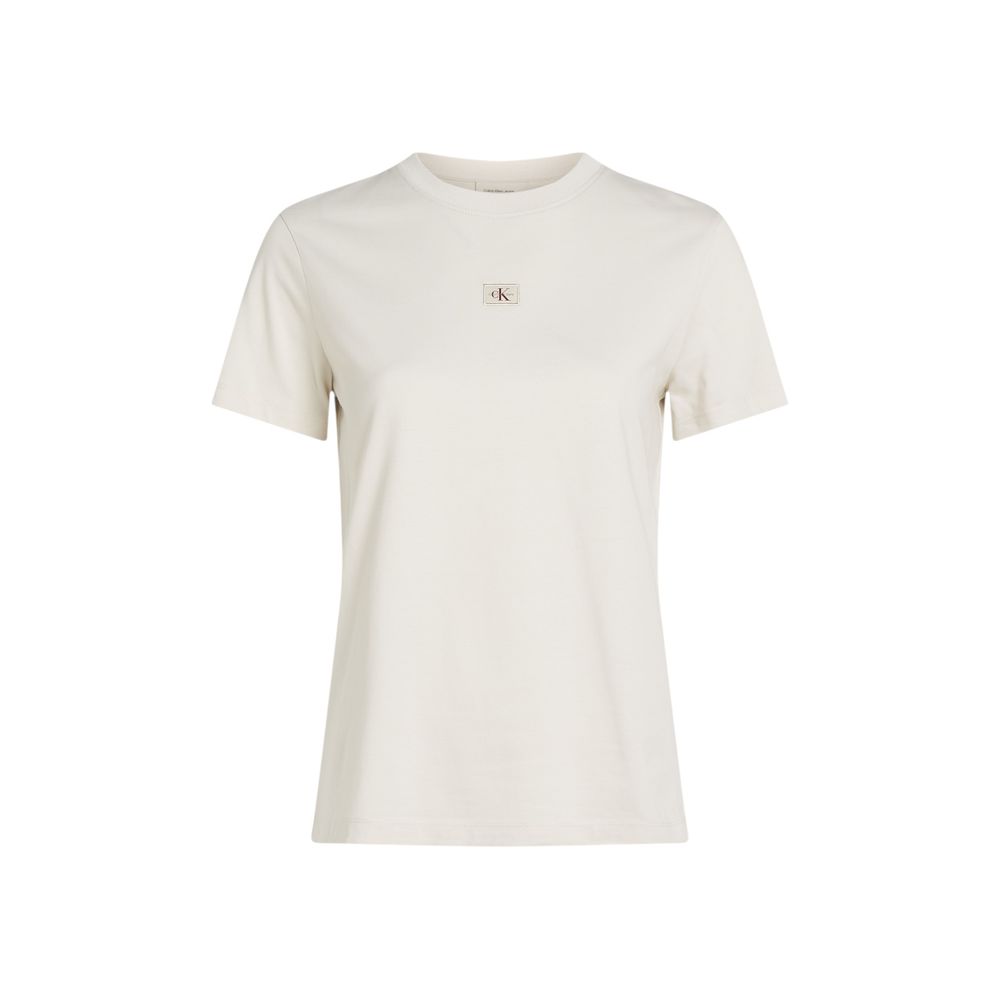 Calvin Klein Jeans Beige Recycled Cotton T-Shirt with logo, short-sleeve, 100% recycled cotton for women, perfect for casual and elegant occasions.