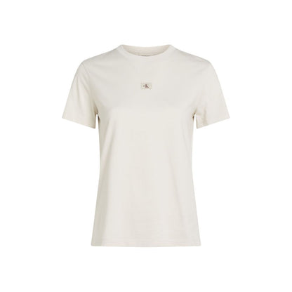 Calvin Klein Jeans Beige Recycled Cotton T-Shirt with logo, short-sleeve, 100% recycled cotton for women, perfect for casual and elegant occasions.