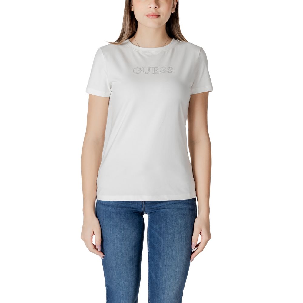 Woman wearing Guess Active White Cotton T-Shirt with logo, paired with jeans