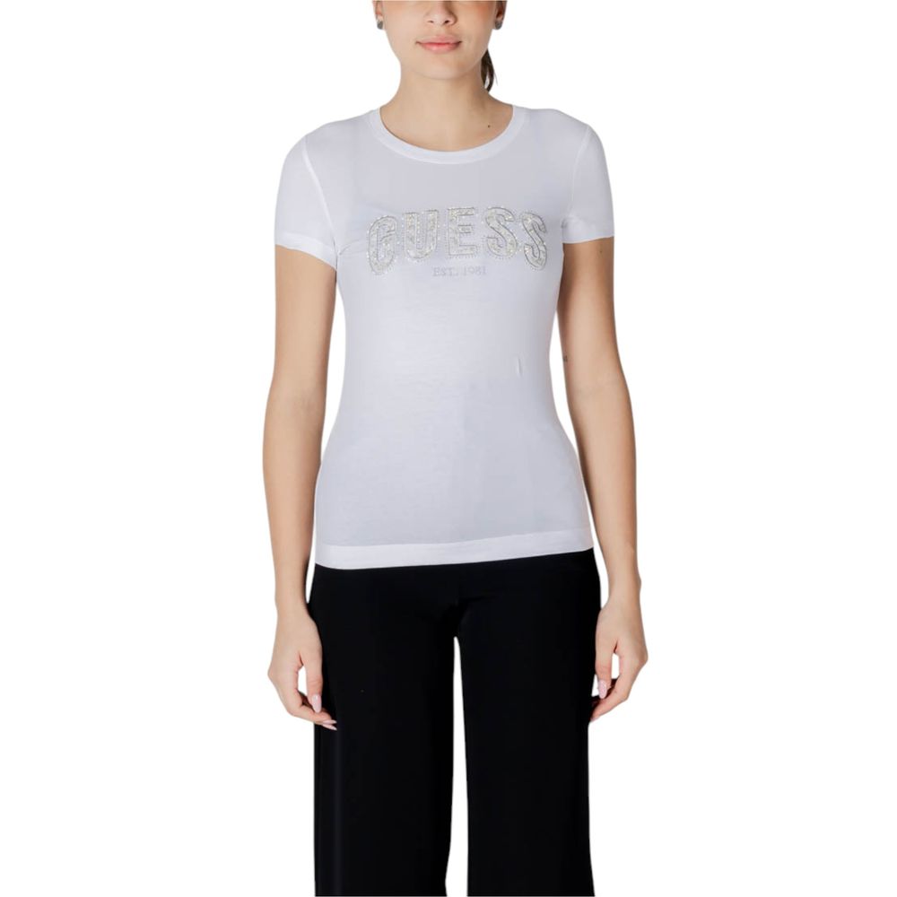 Woman wearing Guess White Cotton T-Shirt with lace details and logo.
