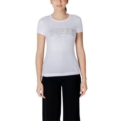 Woman wearing Guess White Cotton T-Shirt with lace details and logo.