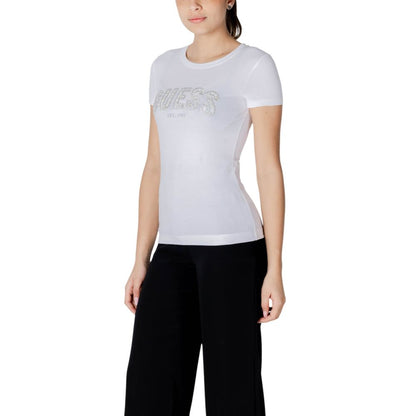 Woman wearing Guess White Cotton T-Shirt with lace logo, slim fit.