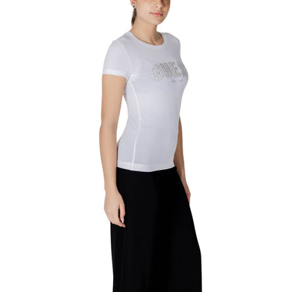 Woman wearing Guess White Cotton T-Shirt with lace and logo detail, short sleeve, slim fit