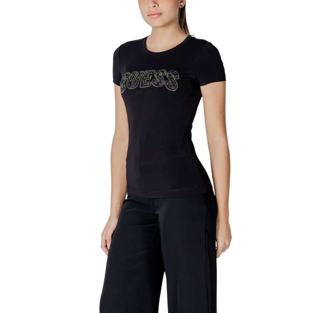 Woman wearing Guess Black Cotton T-Shirt with lace GUESS logo, showing slim fit design.