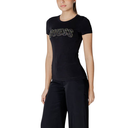 Woman wearing Guess Black Cotton T-Shirt with lace GUESS logo, showing slim fit design.