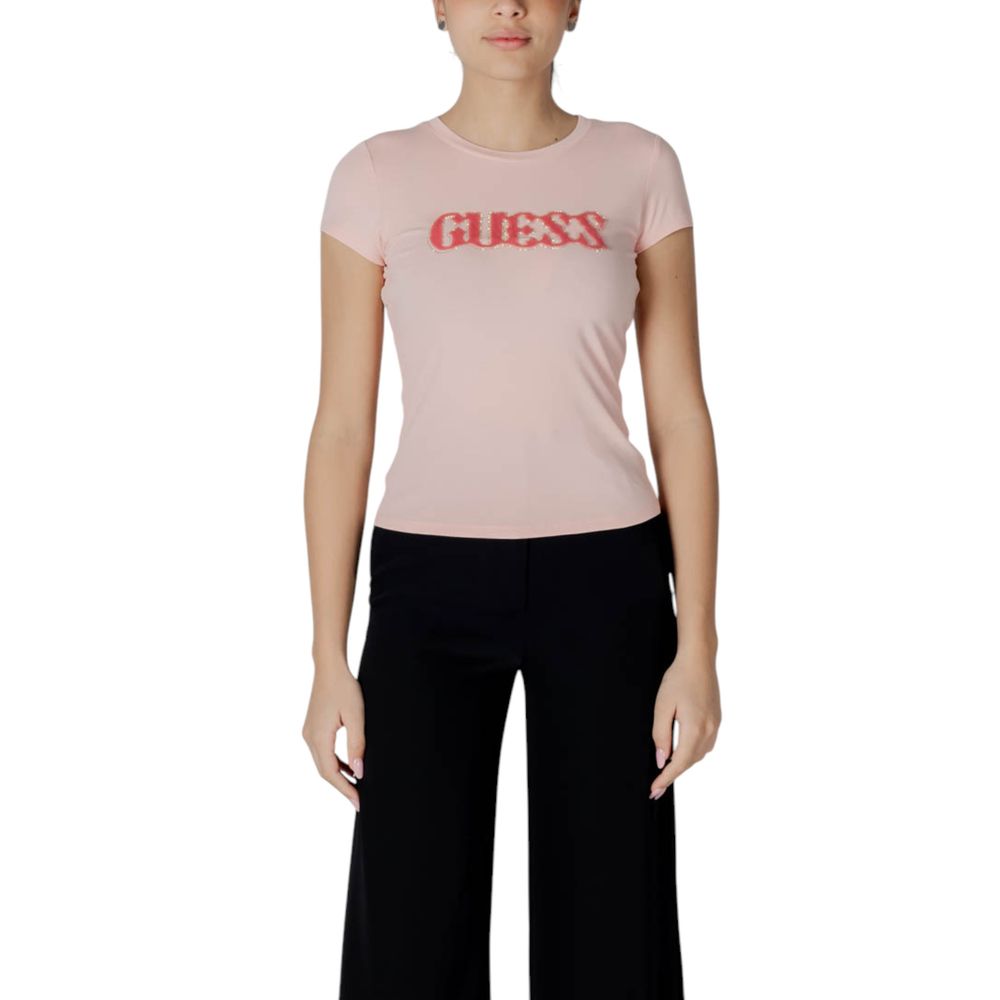 Guess Multicolor Cotton T-Shirt with pony hair logo, short sleeves, crew neck, worn by a woman, black pants, front view.
