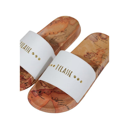 Alviero Martini Prima Classe White Polyethylene Slippers with map design detail, stylish women's beachwear sandals.