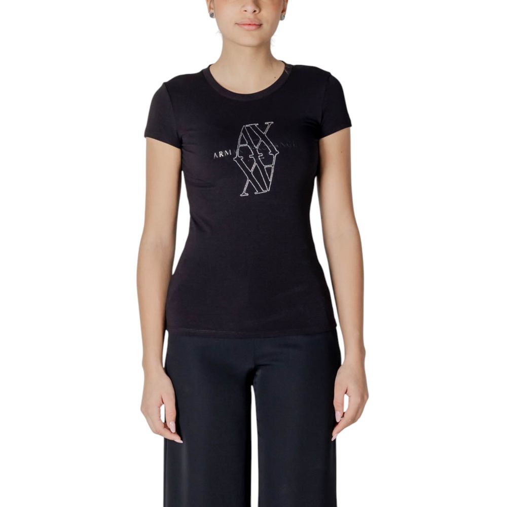 Armani Exchange Black Cotton T-Shirt for women, slim fit, short sleeves, logo on front.