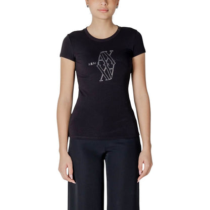 Armani Exchange Black Cotton T-Shirt for women, slim fit, short sleeves, logo on front.